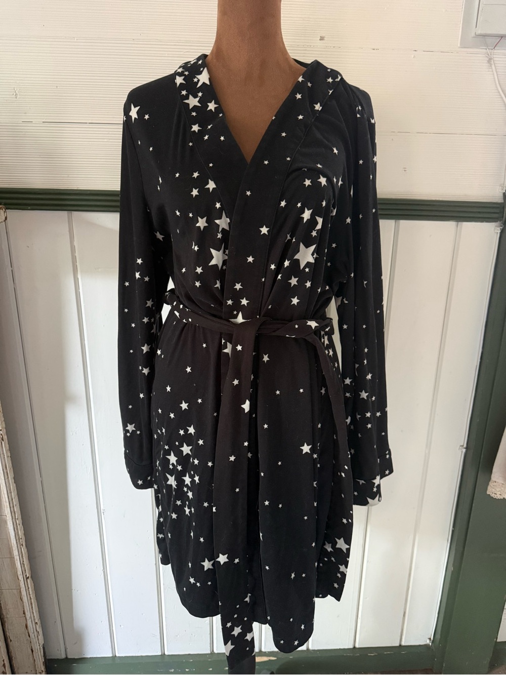 Masongrey cloud Star Print Black White Wrap Kimono Robe- Short- L